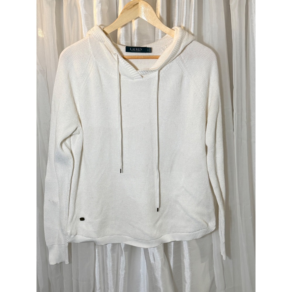 Lauren Ralph Lauren Knit Hoodie Womens L White Waffle Textured Pullover Raglan